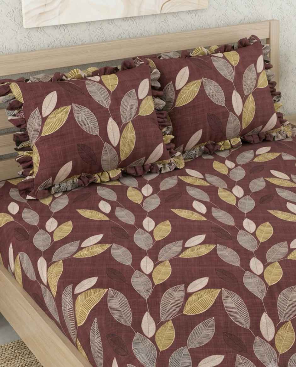 DREAM WEAVERZ Elastic Fitted Double Bedsheet with 2 Frill Pillow Covers | Cotton Blend | Brownish Purple