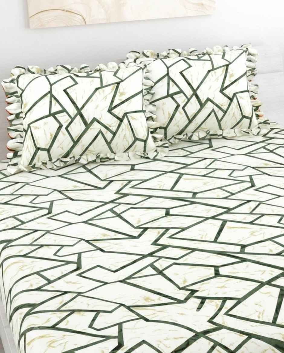 DREAM WEAVERZ Elastic Fitted Double Bedsheet with 2 Frill Pillow Covers | Cotton Blend | Cream Yellow