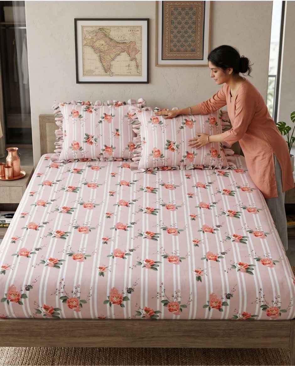 DREAM WEAVERZ Elastic Fitted Double Bedsheet with 2 Frill Pillow Covers | Cotton Blend | Light Pink