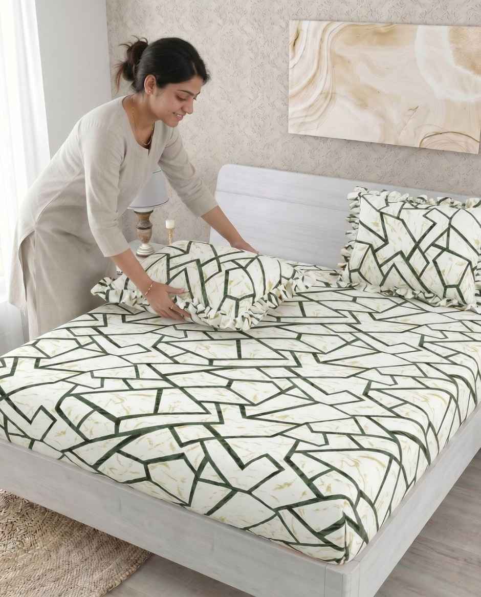 DREAM WEAVERZ Elastic Fitted Double Bedsheet with 2 Frill Pillow Covers | Cotton Blend | Cream Yellow