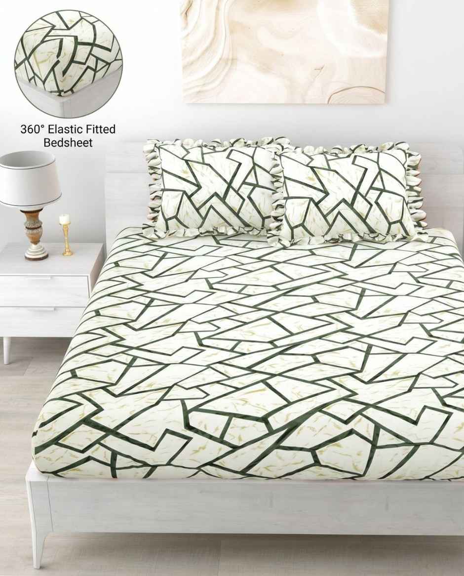DREAM WEAVERZ Elastic Fitted Double Bedsheet with 2 Frill Pillow Covers | Cotton Blend | Cream Yellow
