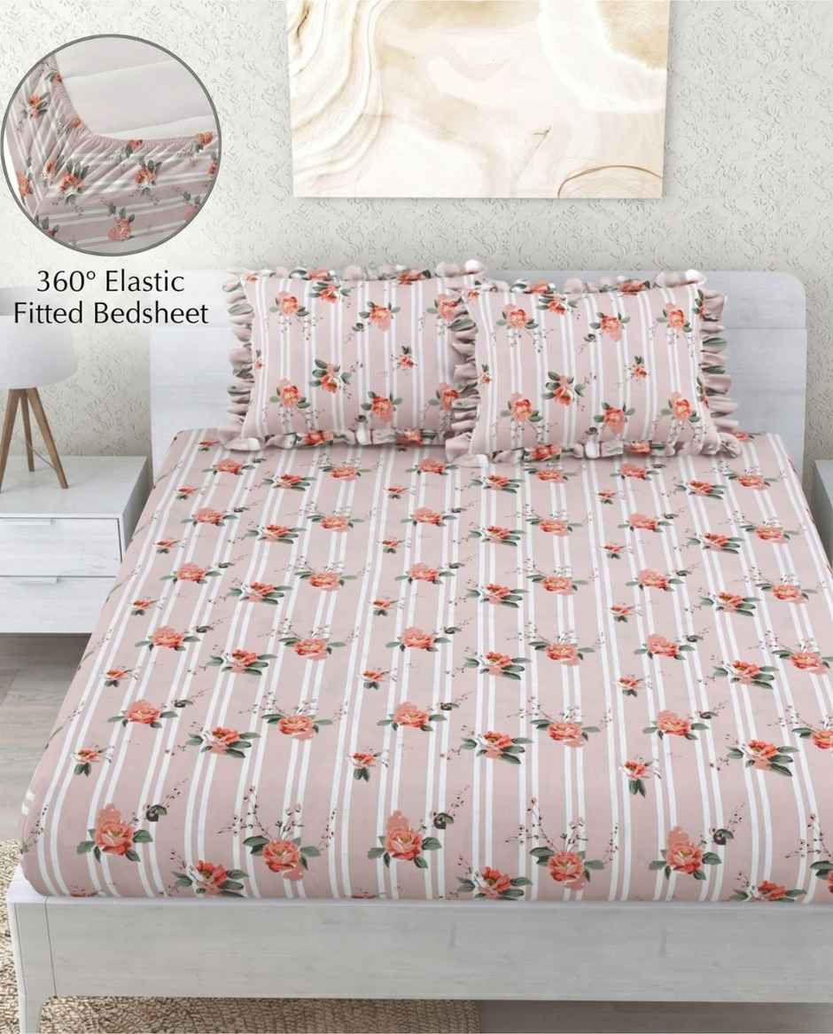 DREAM WEAVERZ Elastic Fitted Double Bedsheet with 2 Frill Pillow Covers | Cotton Blend | Light Pink
