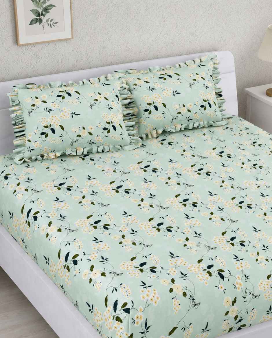 DREAM WEAVERZ Elastic Fitted Double Bedsheet with 2 Frill Pillow Covers | Cotton Blend | Light Green