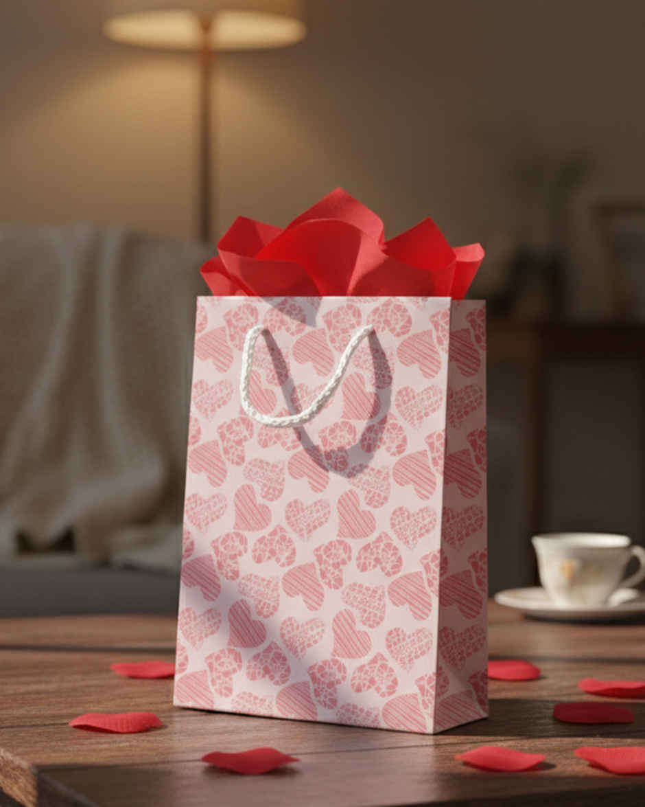 Baby Pink Pattern Heart Gift Bag | 8 x 9 inch | Mad Over Prints
