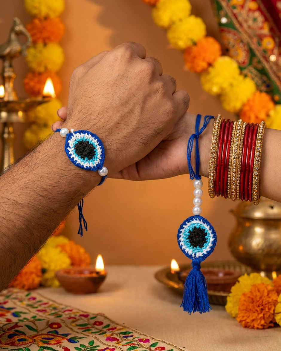 Kids Blue Evil Eye Crochet Rakhi | Mad Over Prints