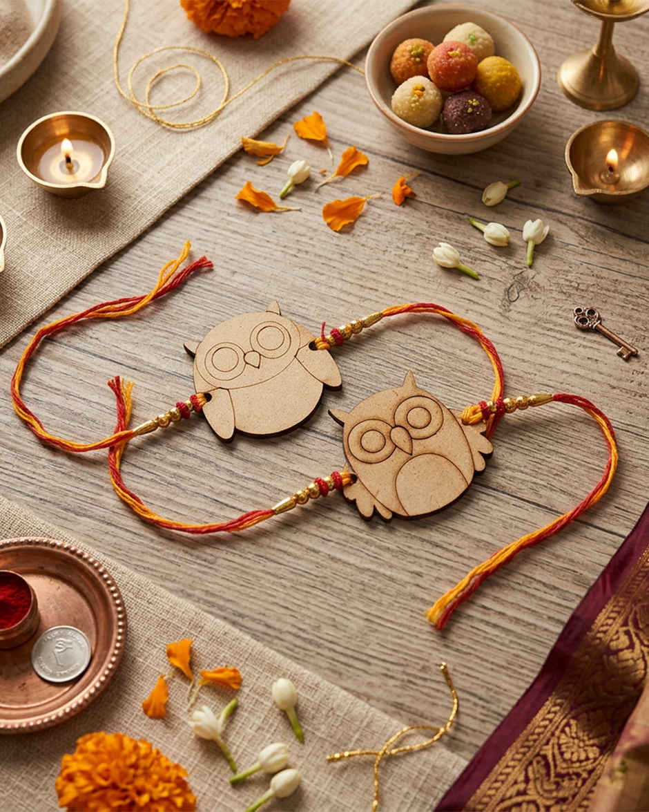 Kids DIY Rakhi Owl Wooden Craft & Paint Kit | Unique Find | Pack of 2 | Mad Over Prints