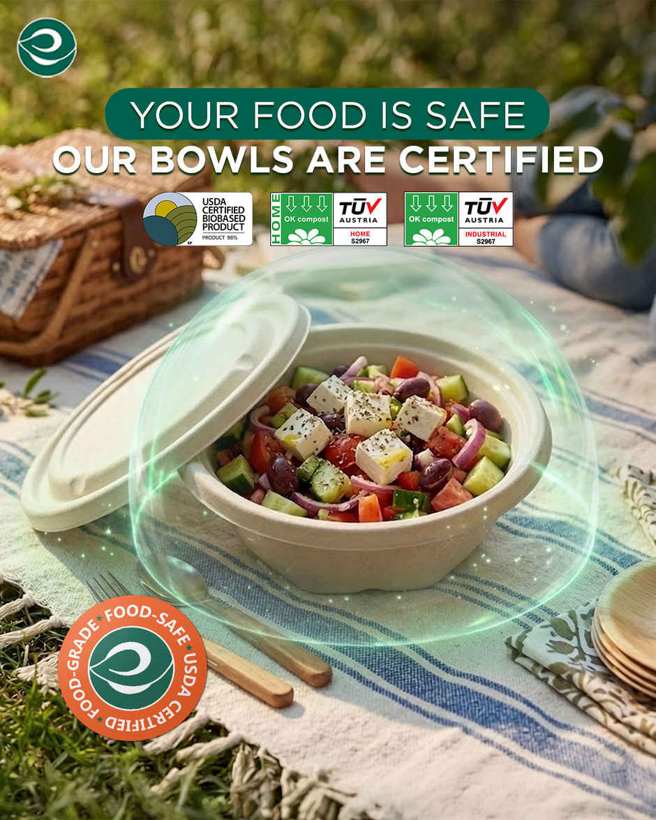 ECO SOUL | Bagasse Disposable Soup Bowls with Lid | 945 ml | Round | 10 Count
