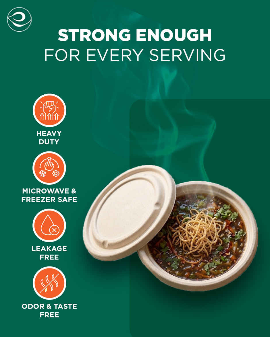 ECO SOUL | Bagasse Disposable Soup Bowls with Lid | 945 ml | Round | 10 Count