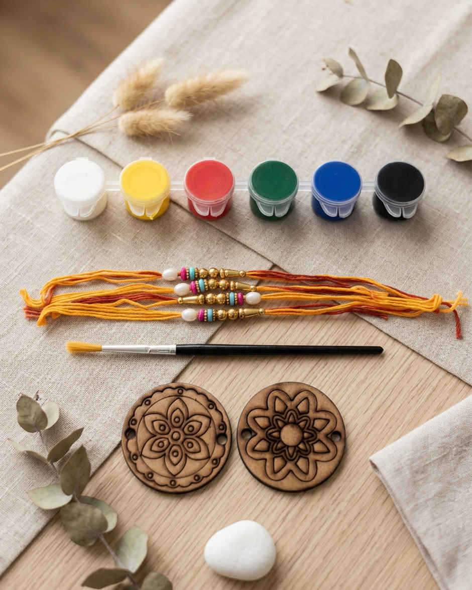 Kids DIY Rakhi Mandala Wooden Keychain Craft | Paint Kit | Set of 2 | Unique Find | Mad Over Prints