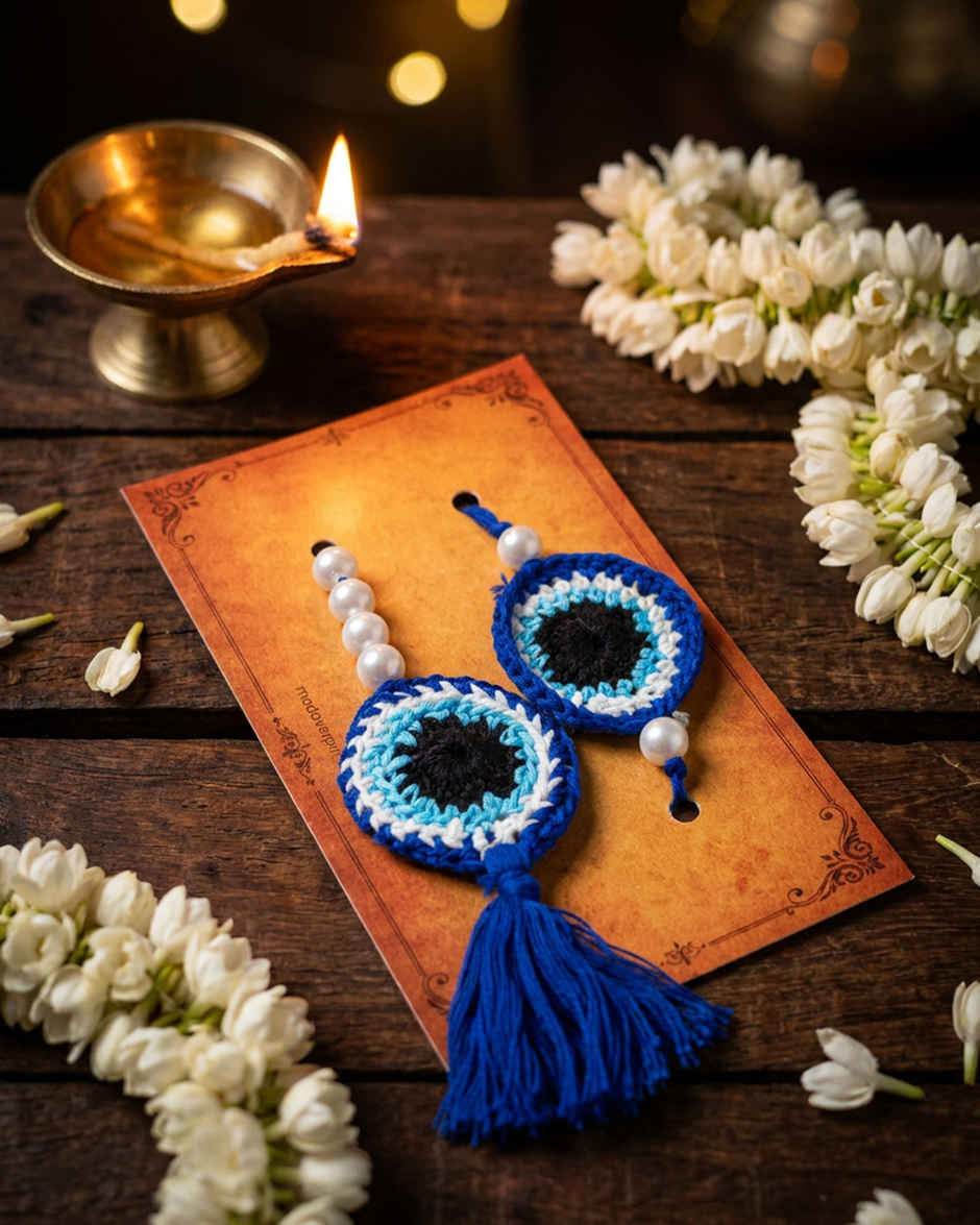 Kids Blue Evil Eye Crochet Rakhi | Mad Over Prints