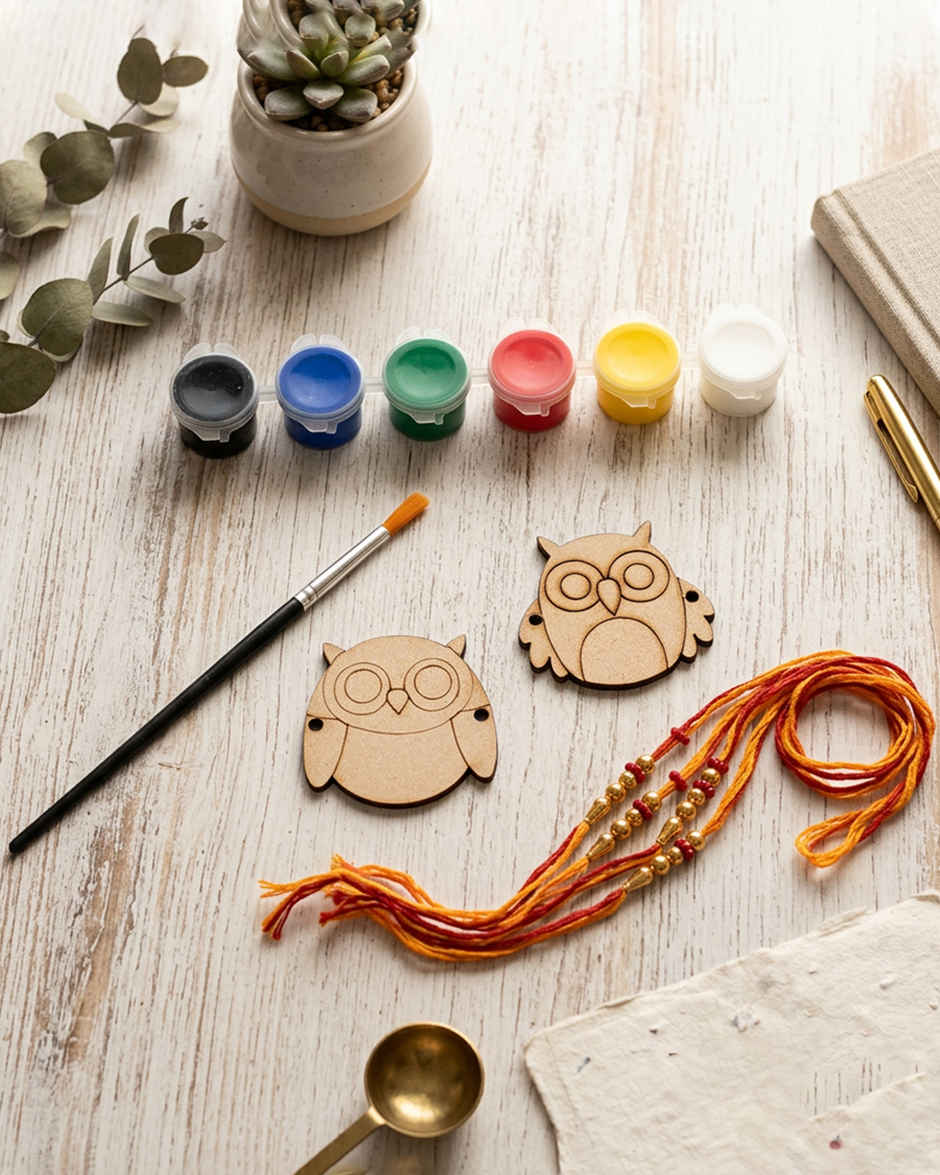 Kids DIY Rakhi Owl Wooden Craft & Paint Kit | Unique Find | Pack of 2 | Mad Over Prints