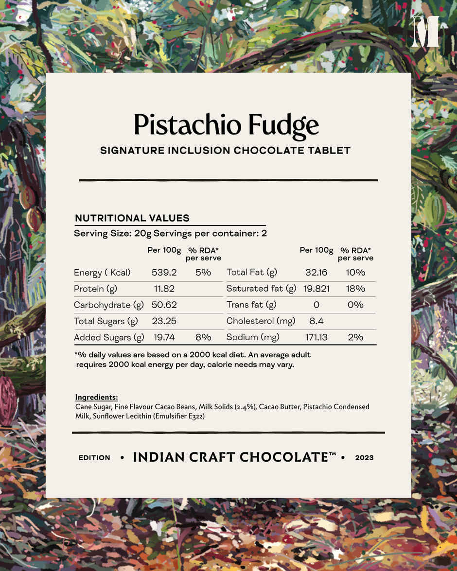 Manam Chocolate Pistachio Fudge Inclusion Tablet | 45% Milk