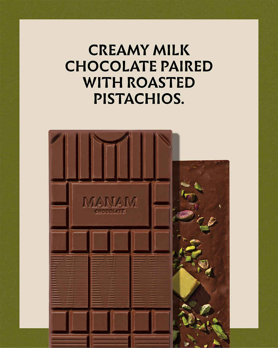 Manam Chocolate Pistachio Fudge Inclusion Tablet | 45% Milk