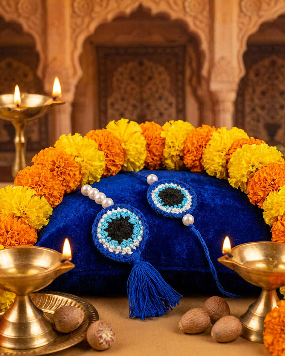 Kids Blue Evil Eye Crochet Rakhi | Mad Over Prints