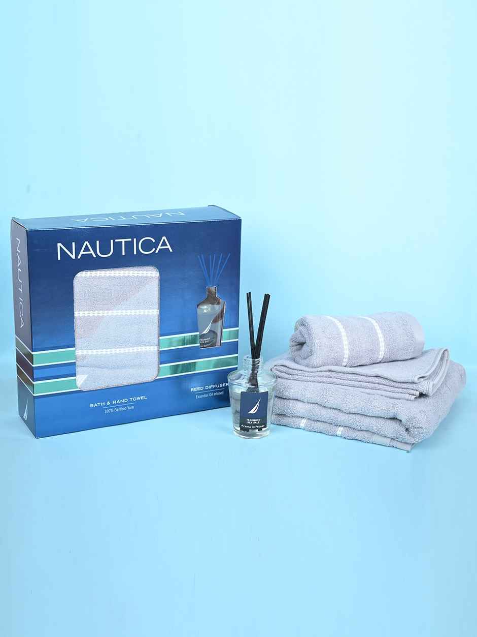 Nautica [4Pc] High Absorbency Super Fast Fast Drying Bamboo Towel -1-Bath 2-Hand 1- Solid-Ltgrey