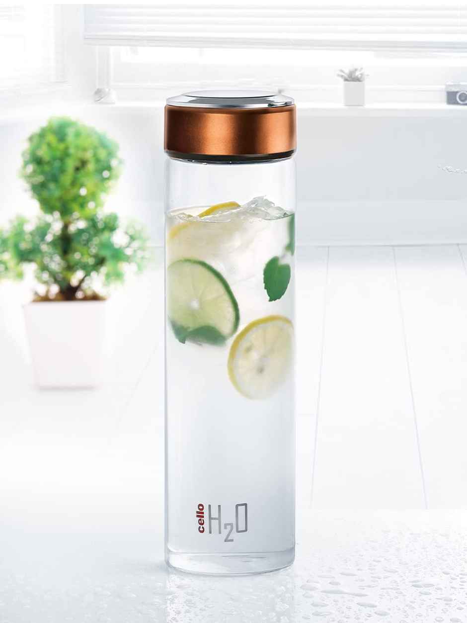 CELLO H2O Glass Fridge Water Bottle with Cap 1000ml, Copper | Food Grade, Microwave & Freezer Safe