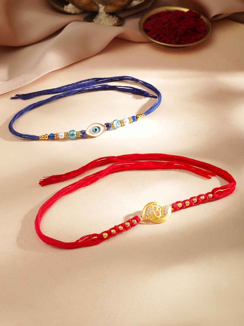 Rubans Gold Toned Evil Eye and Om Motif Stone Studded Rakhi - Protective Pair
