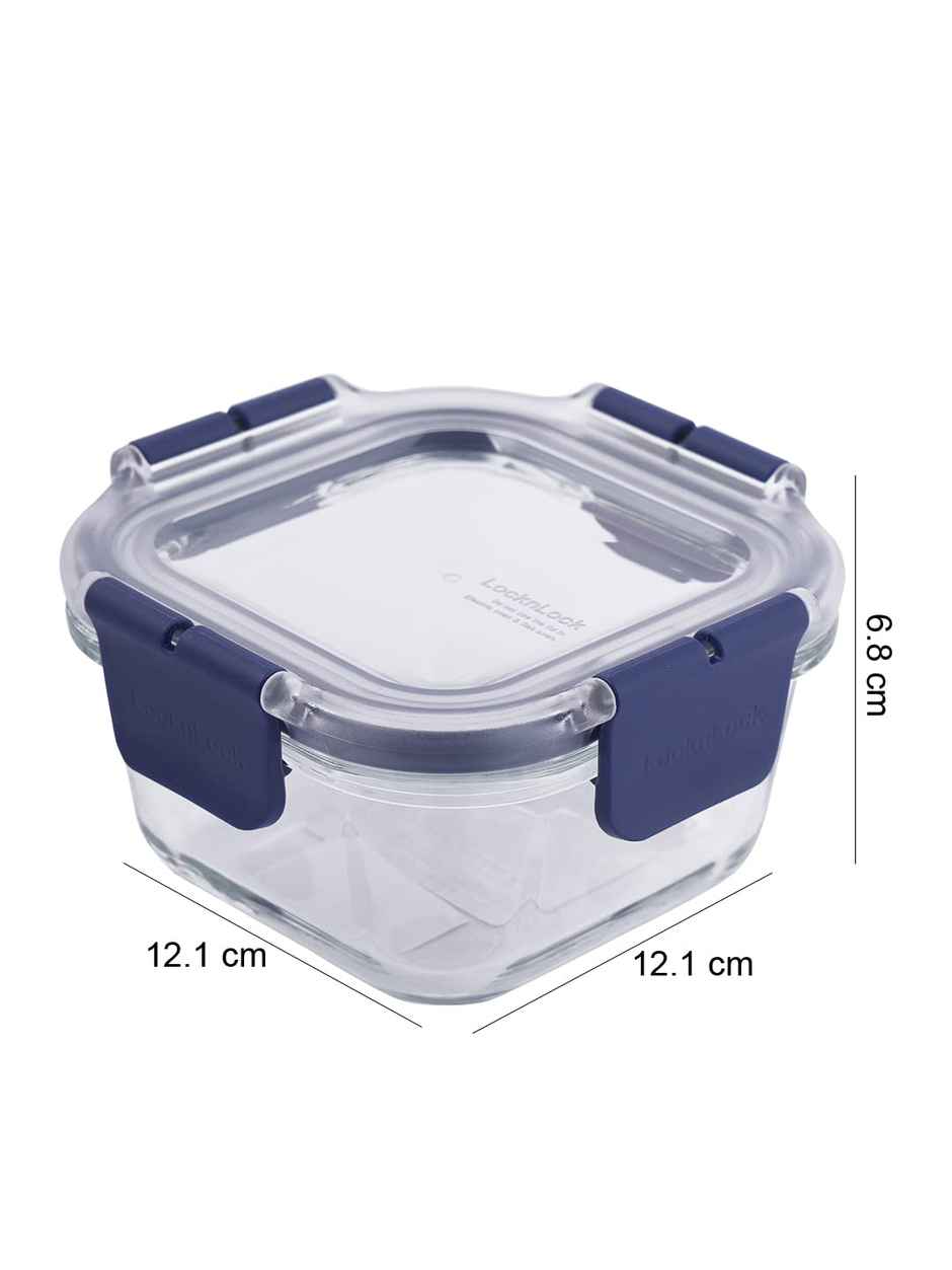 LocknLock Airtight Glass Square Shaped Containers With Lid | Microwave safe| Transparent - 300 ml