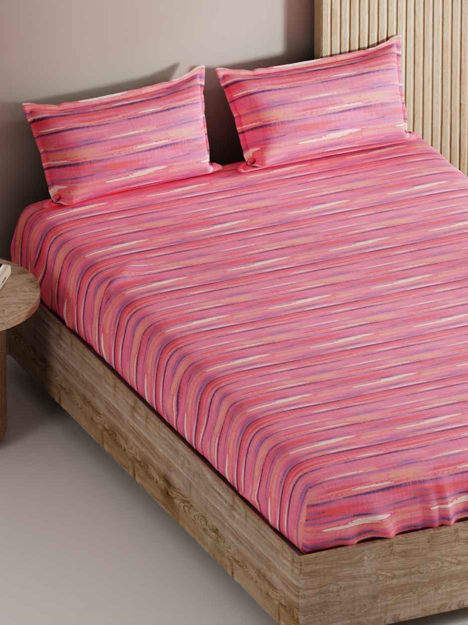 Bianca 100% Natural Cotton King Size Double Bedsheet 3pc Set with 2 Pillow Covers Abstract Pink