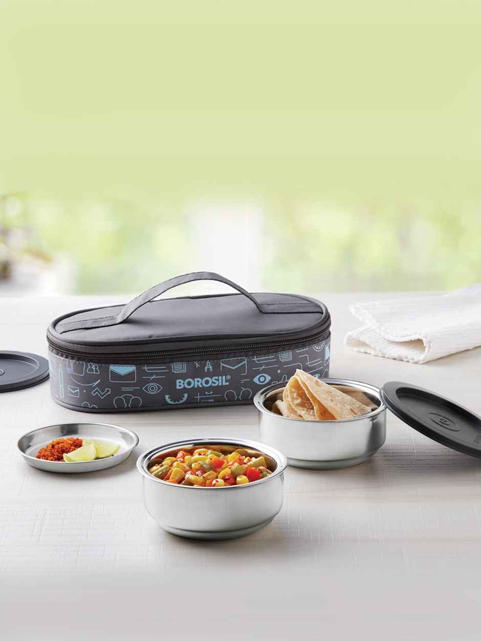 Borosil Carry Fresh Stainless Steel Insulated Lunch Box With Bag (180 ml + 180 ml) - Horizontal