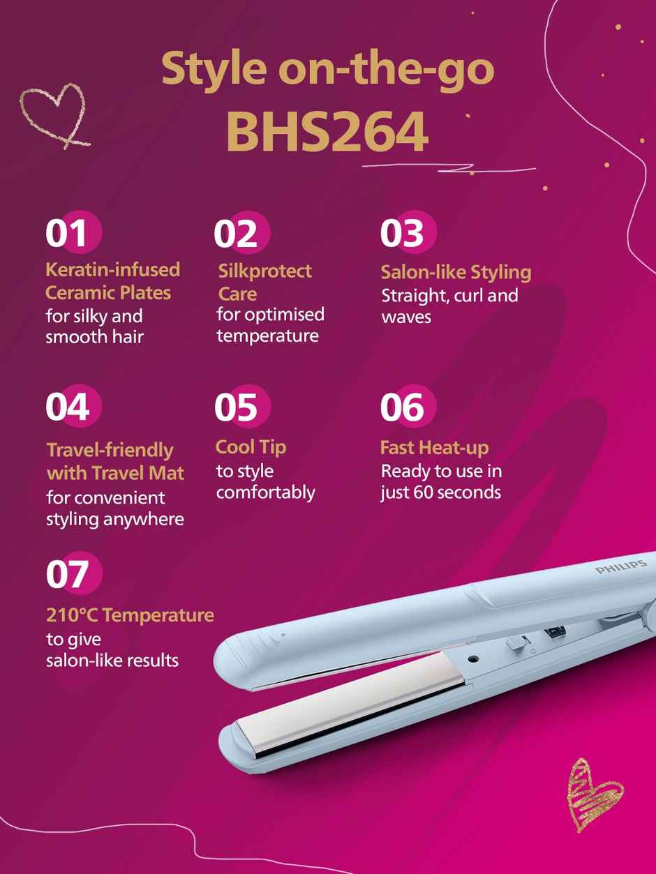 Philips Bhs264/00 Silkprotect On The Go Hair Straightener With Kerashine - Light Blue