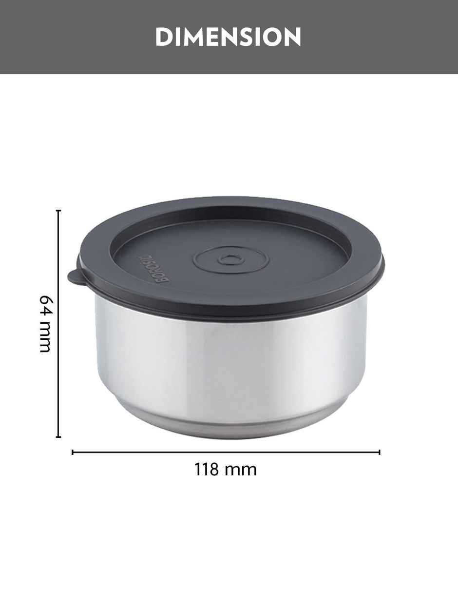 Borosil Carry Fresh Stainless Steel Insulated Lunch Box With Bag (180 ml + 180 ml) - Horizontal