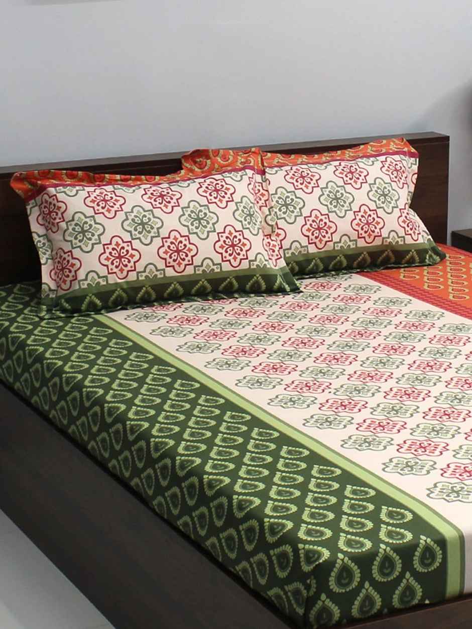 Bombay Dyeing Ivyrose 110 Tc 100% Cotton Queen Bedsheet With 2 Pillow Covers - Orange Green
