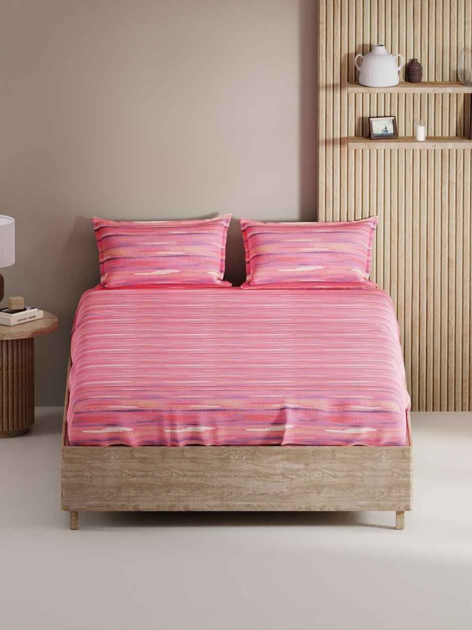 Bianca 100% Natural Cotton King Size Double Bedsheet 3pc Set with 2 Pillow Covers Abstract Pink