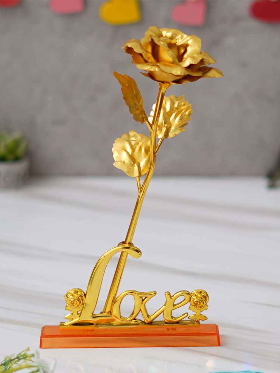 Golden Artificial Rose Flower Decorative Showpiece Gift Set | eCraftIndia