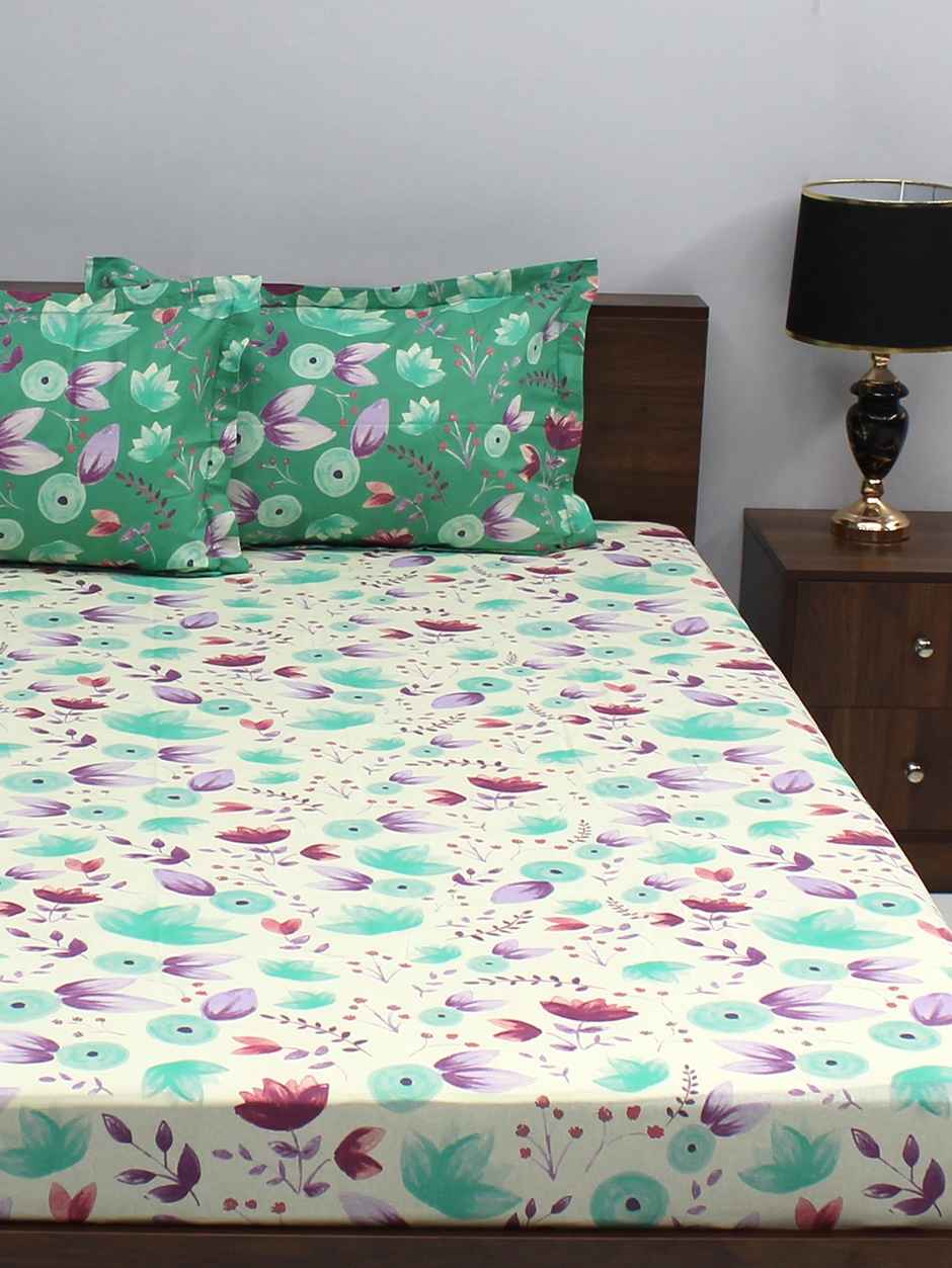 Bombay Dyeing Ivyrose 110 Tc 100% Cotton Queen Bedsheet With 2 Pillow Covers - Green Brown