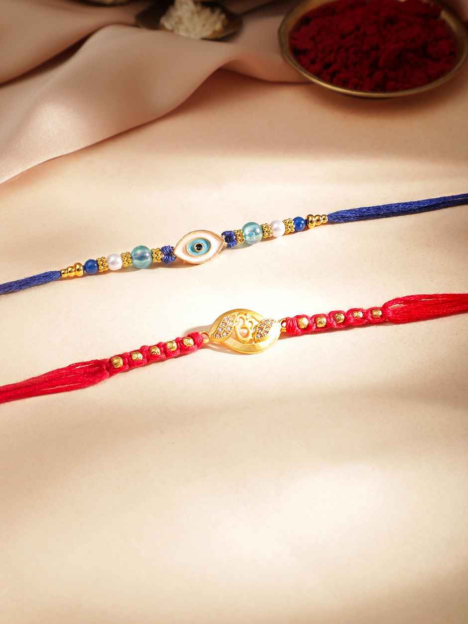 Rubans Gold Toned Evil Eye and Om Motif Stone Studded Rakhi - Protective Pair