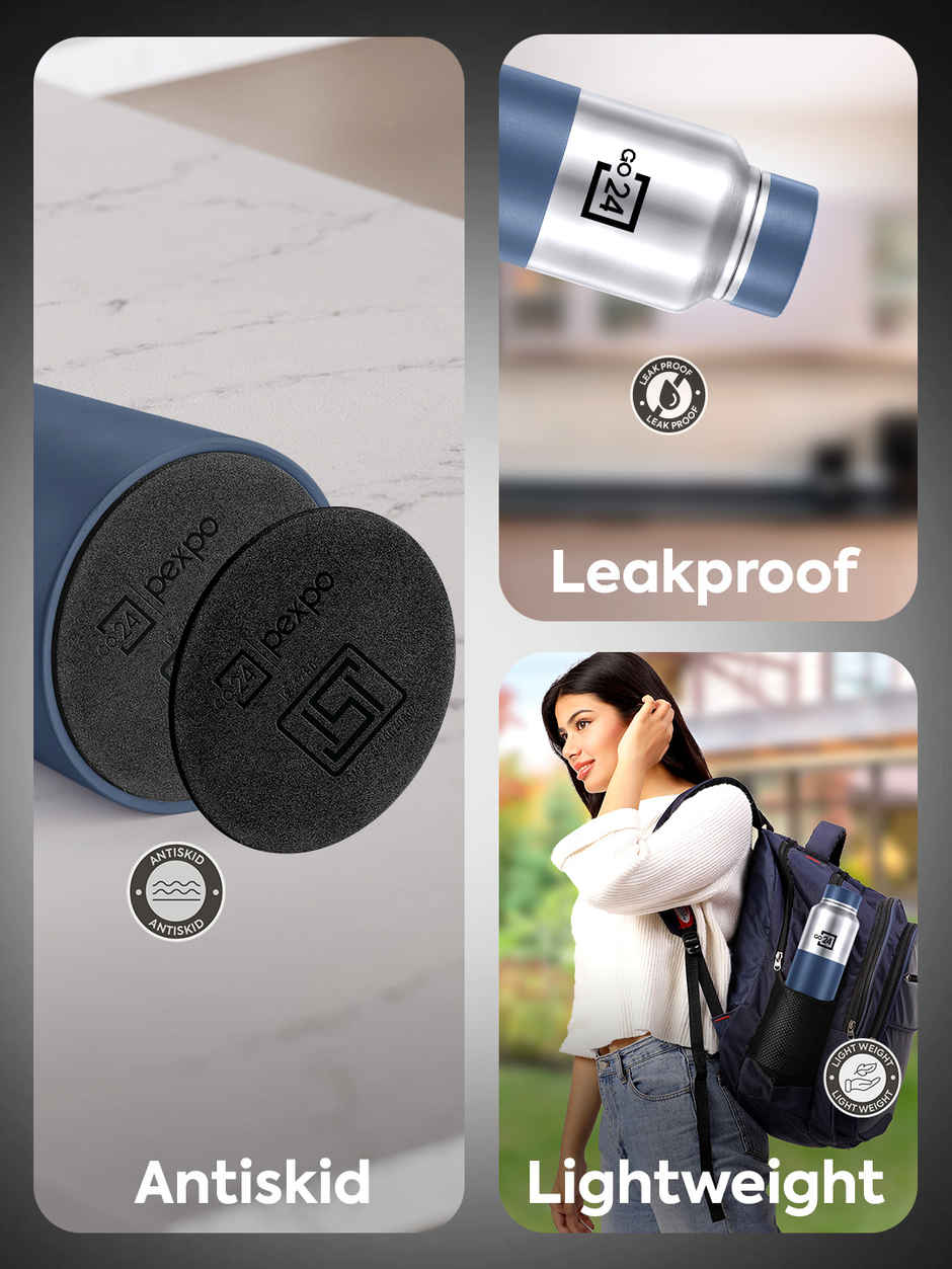 Pexpo Crown Stainless Steel Sports | Fridge Water Bottle | Silver-Denim Blue