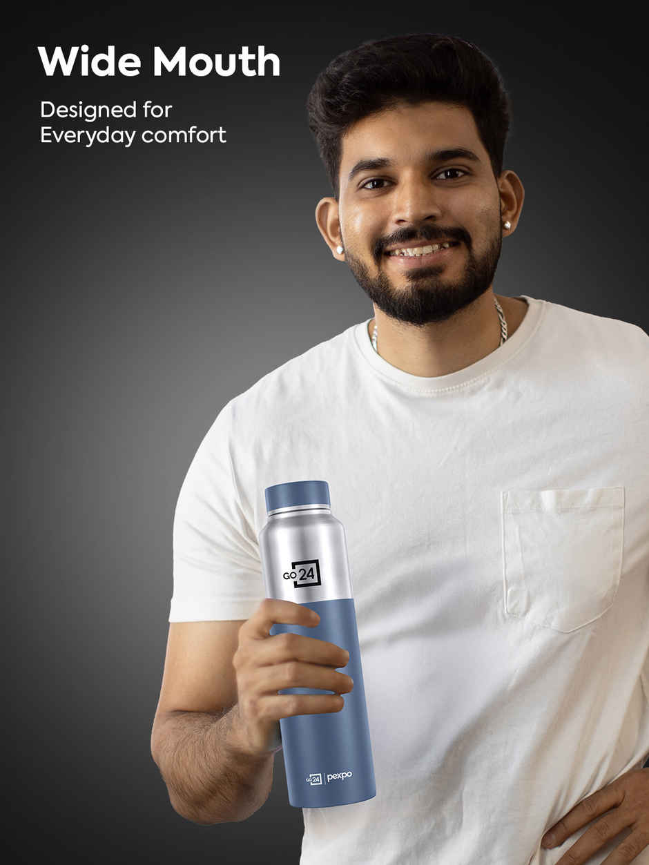 Pexpo Crown Stainless Steel Sports | Fridge Water Bottle | Silver-Denim Blue