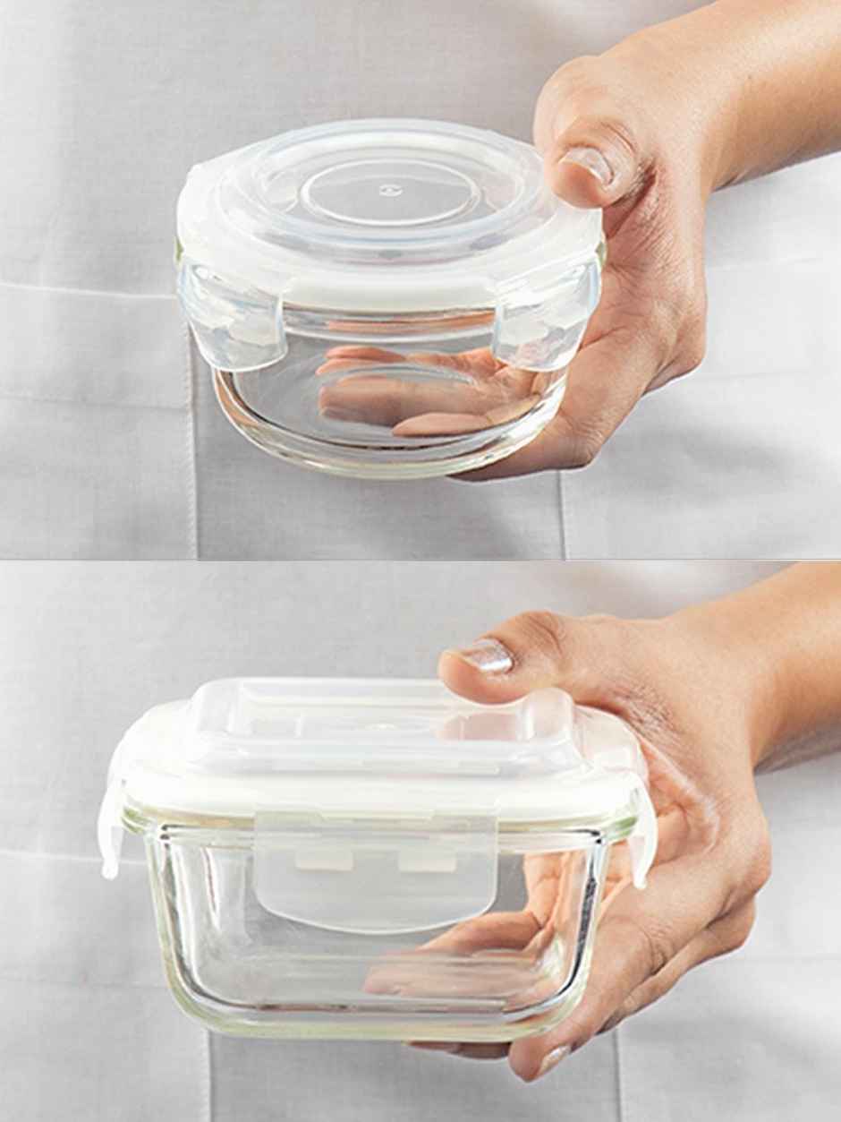 Borosil Daisy Glass Lunch Box With Bag (320ml x 2 Square + 240 ml x 2 Round)