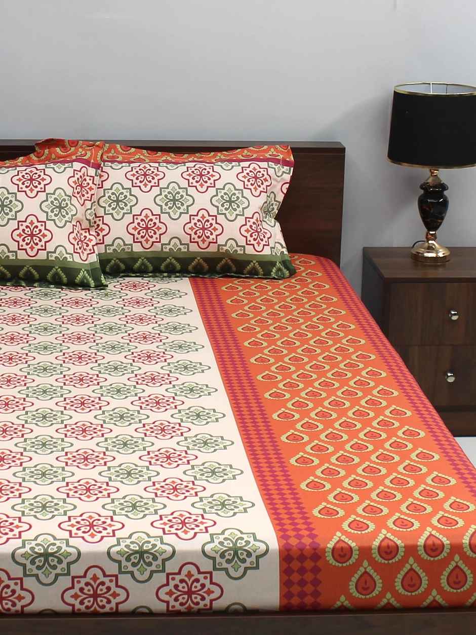 Bombay Dyeing Ivyrose 110 Tc 100% Cotton Queen Bedsheet With 2 Pillow Covers - Orange Green