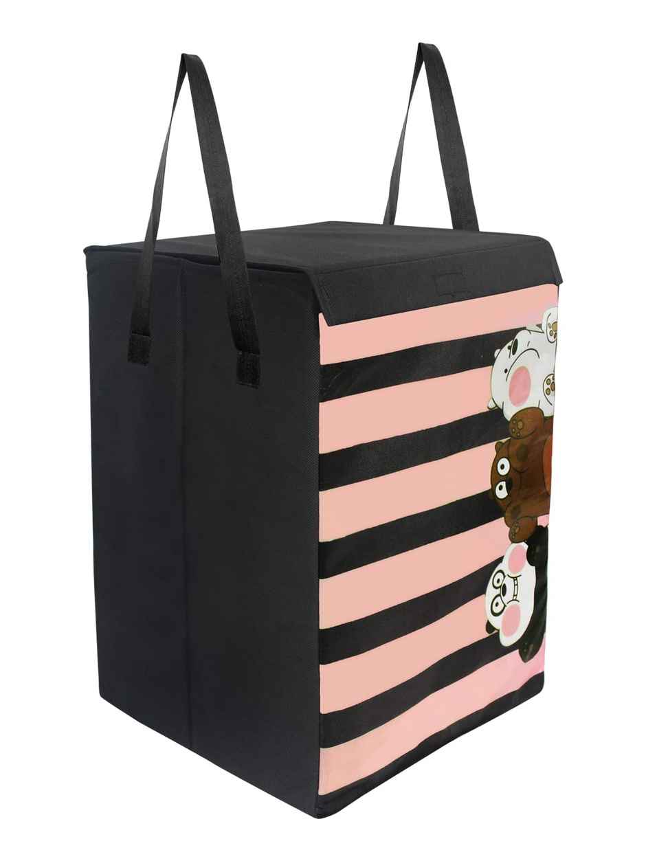 Prettykrafts Large Striped Panda Foldable Laundry & Storage Basket With Lid, 75 Ltr