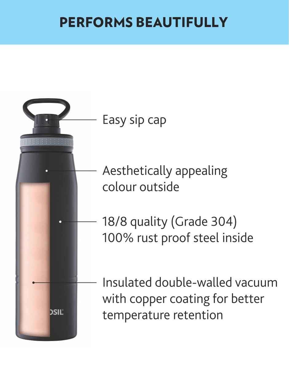 Borosil GoSports Stainless Steel Wate Bottle - 900 ml | Black | Double Wall Vacuum Insulated Flask