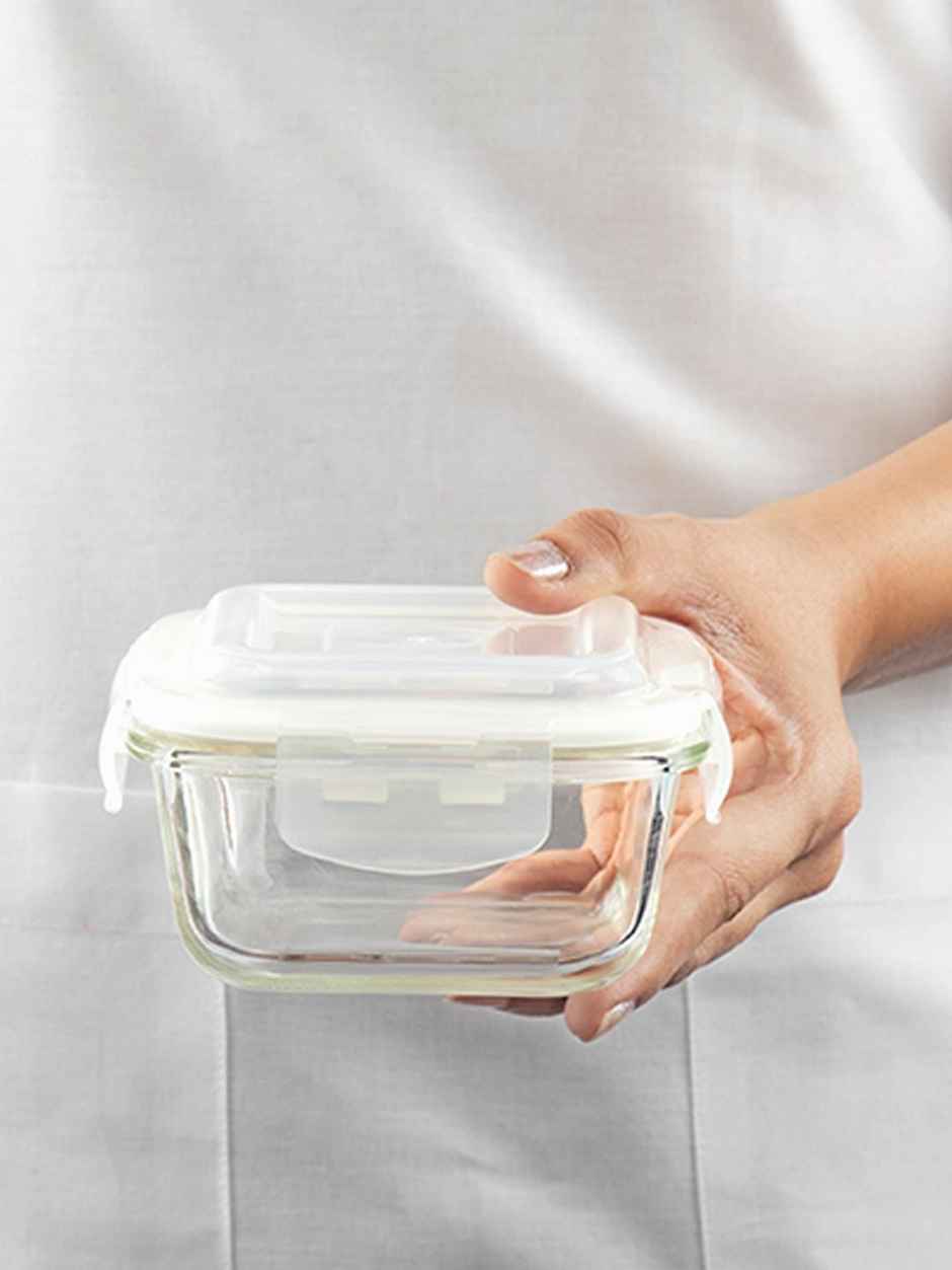 Borosil Square Lunch Box With Bag (320 ml + 320 ml) | Borosilicate Glass