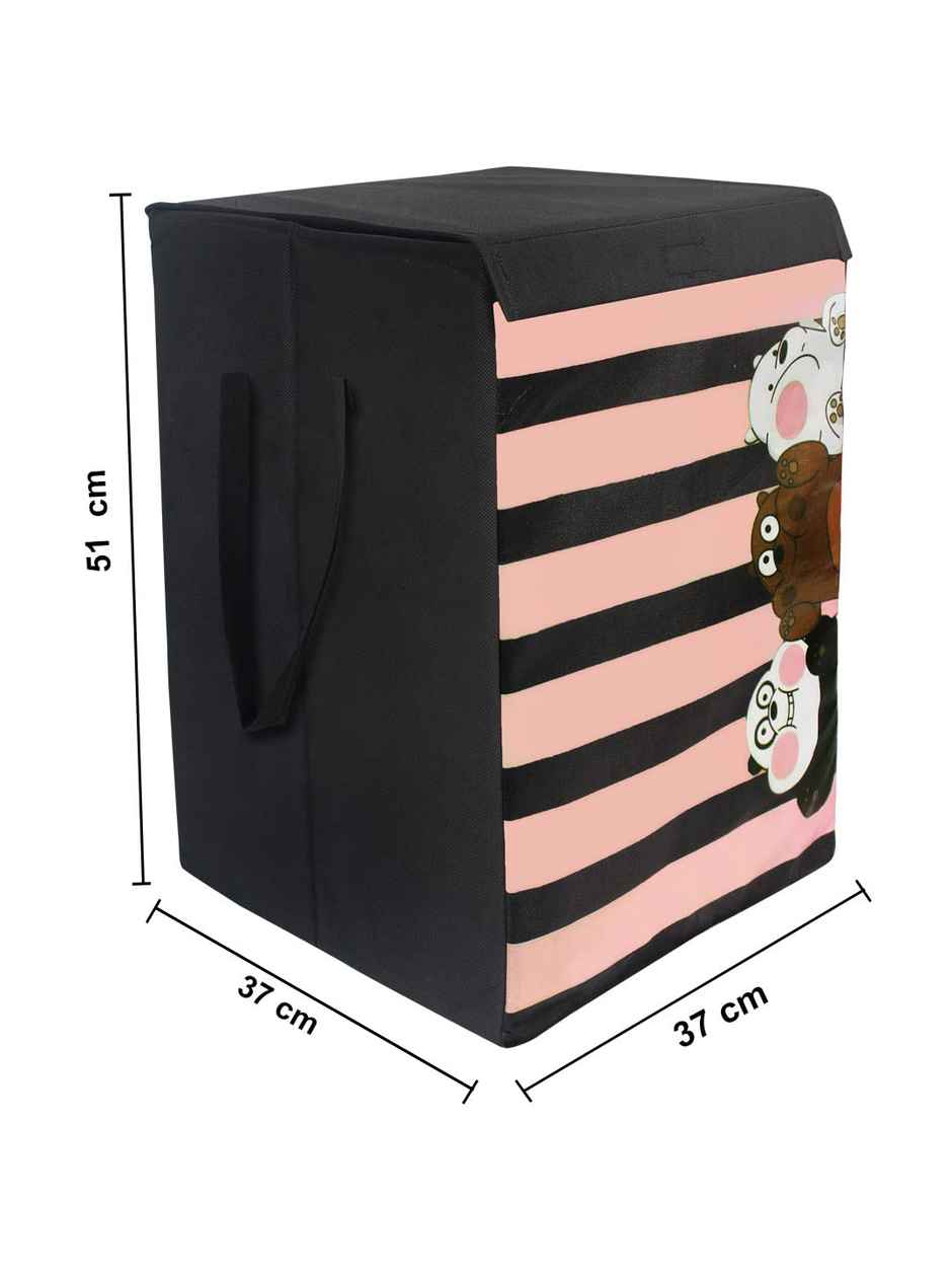 Prettykrafts Large Striped Panda Foldable Laundry & Storage Basket With Lid, 75 Ltr