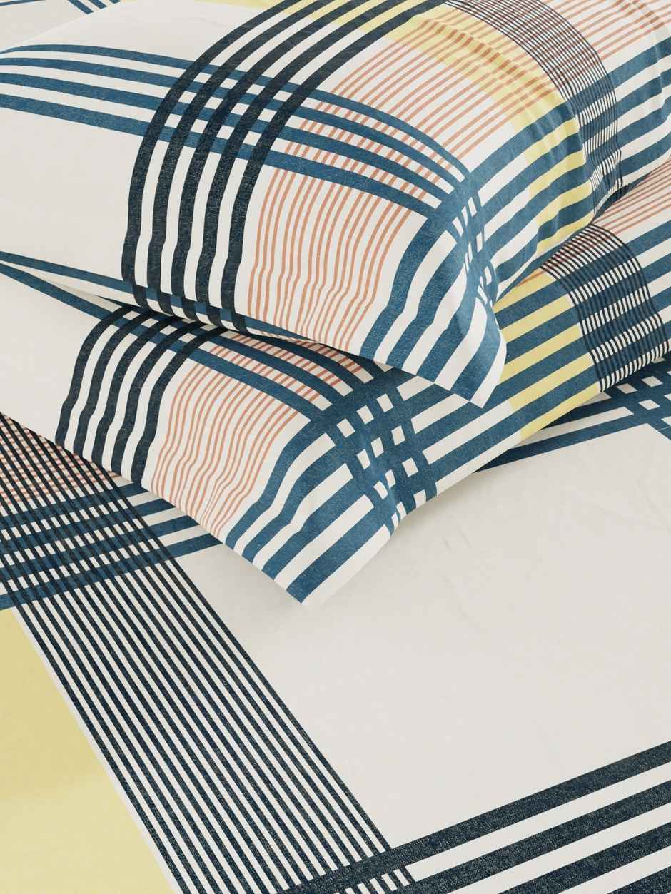 Bianca 100% Natural Cotton XL King Fitted Bedsheet 3pc Set with 2 Pillow Covers Stripe Yellow/Teal