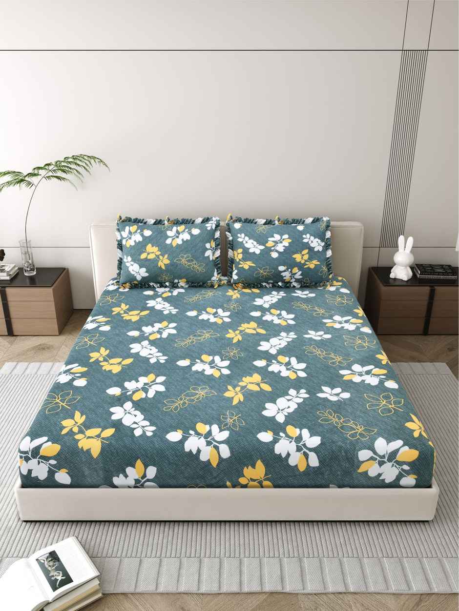 DREAM WEAVERZ Elastic Fitted Double Bedsheet | 2 Frill Pillow Covers | Polycotton | Grey