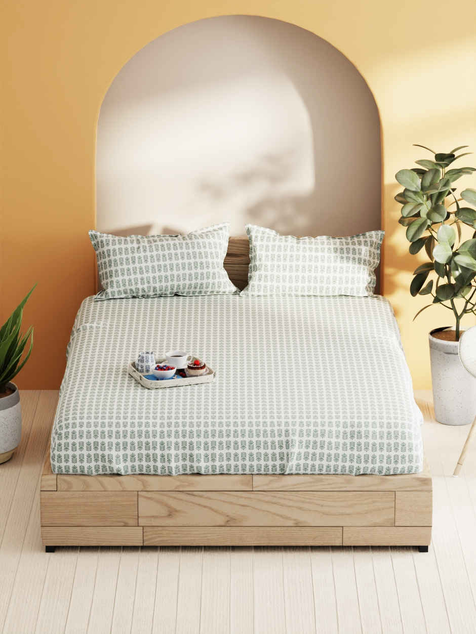 Bianca Soft 100% Natural Cotton Double Bedsheet With 2 Pillow Covers | Laquasa Floral | Green &Ecru