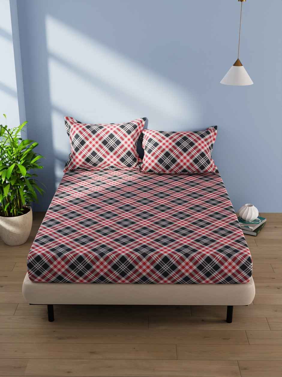 Bianca Cotton Double Bedsheet With 2 Pillow Covers 3pc Set | Serina Checks - Grey/Red