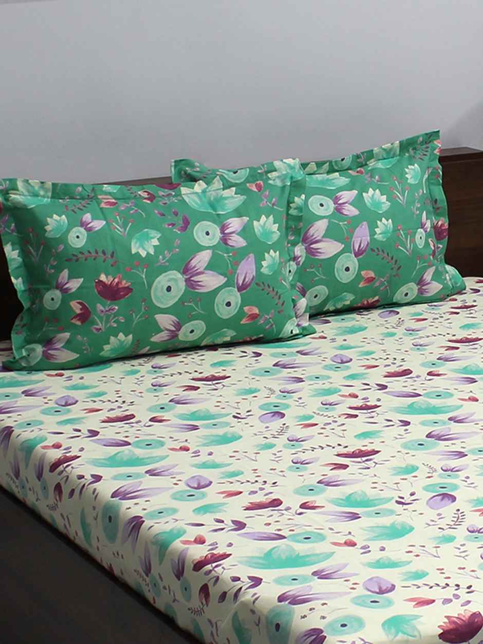 Bombay Dyeing Ivyrose 110 Tc 100% Cotton Queen Bedsheet With 2 Pillow Covers - Green Brown