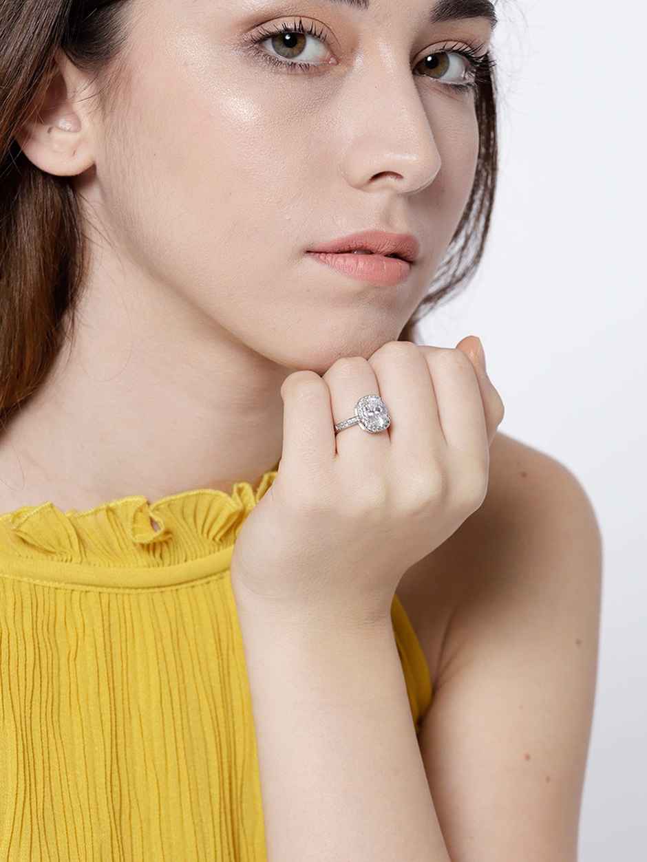 YouBella Solitaire Crystal Jewellery Silver Plated Ring for Women (YBRG - 20019)