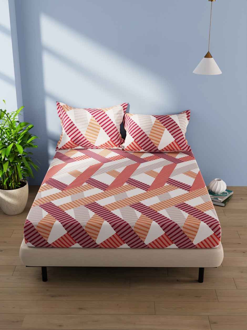 Bianca Cotton Double Bedsheet With 2 Pillow Covers 3pc Set | Serina Geometric - Rust/Multi
