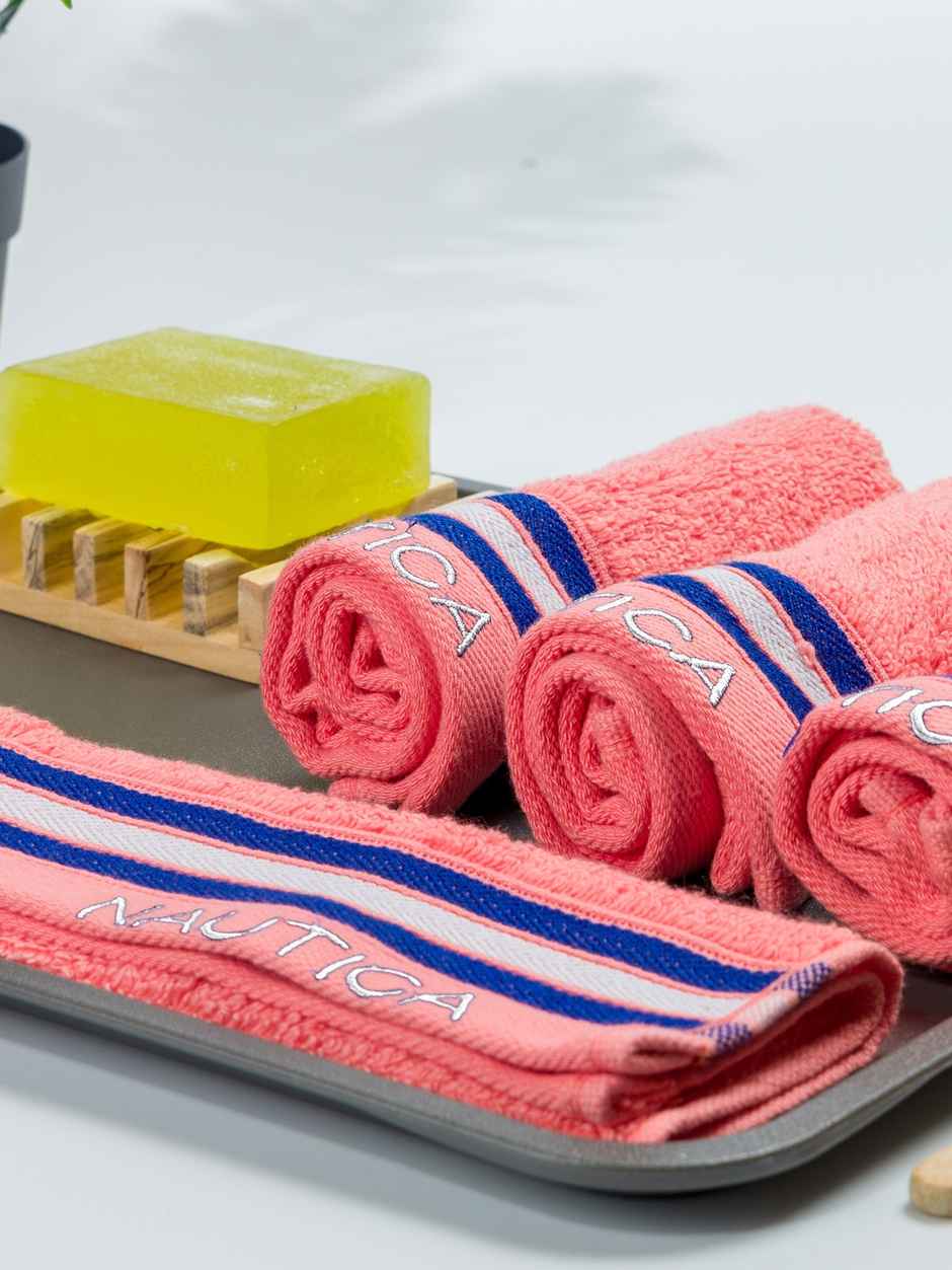 Nautica Super Soft Zero Twist 100% Cotton Towel -4pc Face Towel | Vintage Crew Stripe Solid-Coral