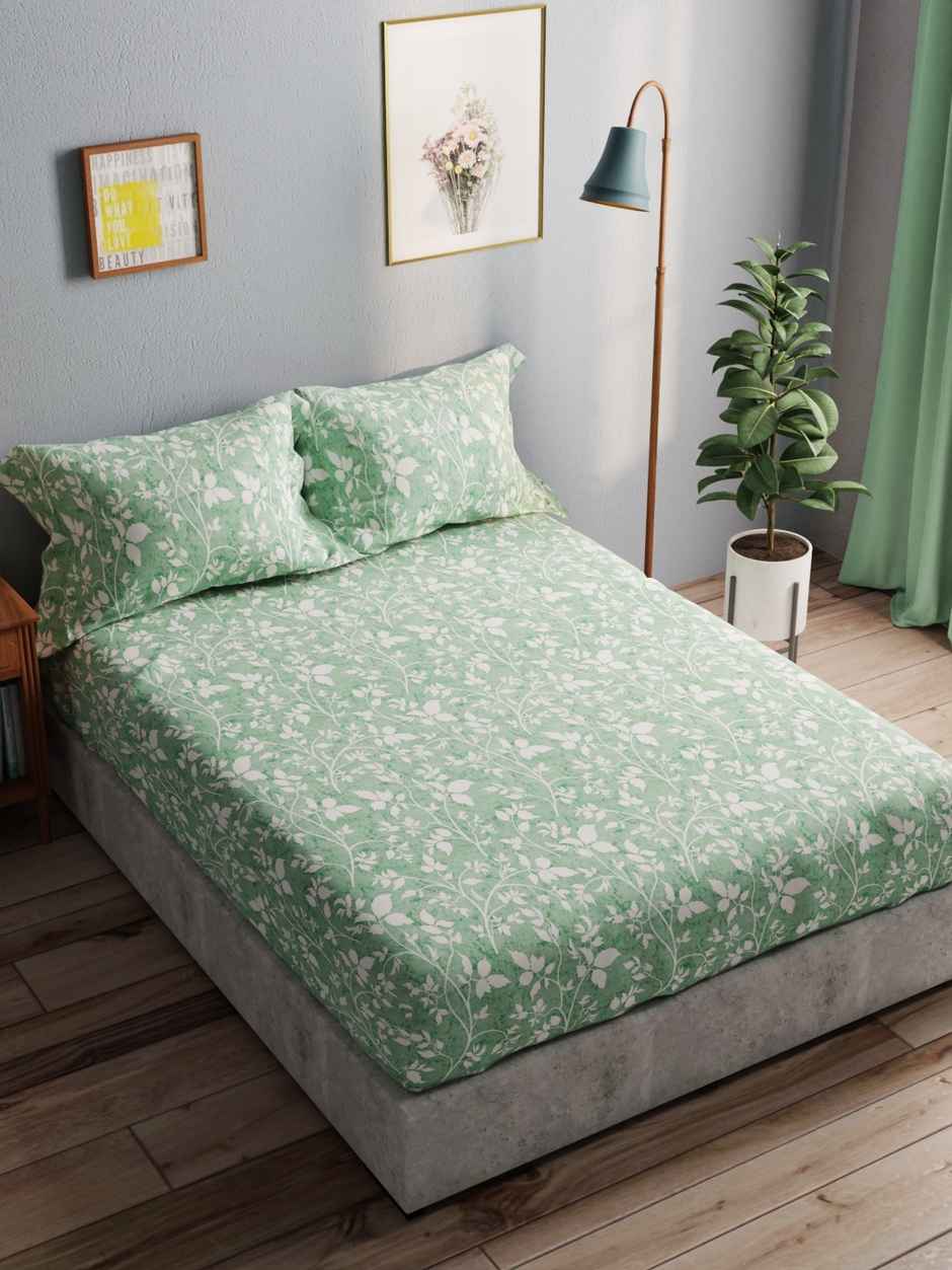 Bianca 100% Pure Cotton Double Bedsheet With 2 Pillow Covers 3pc Set | Amolina Floral-Forestgreen