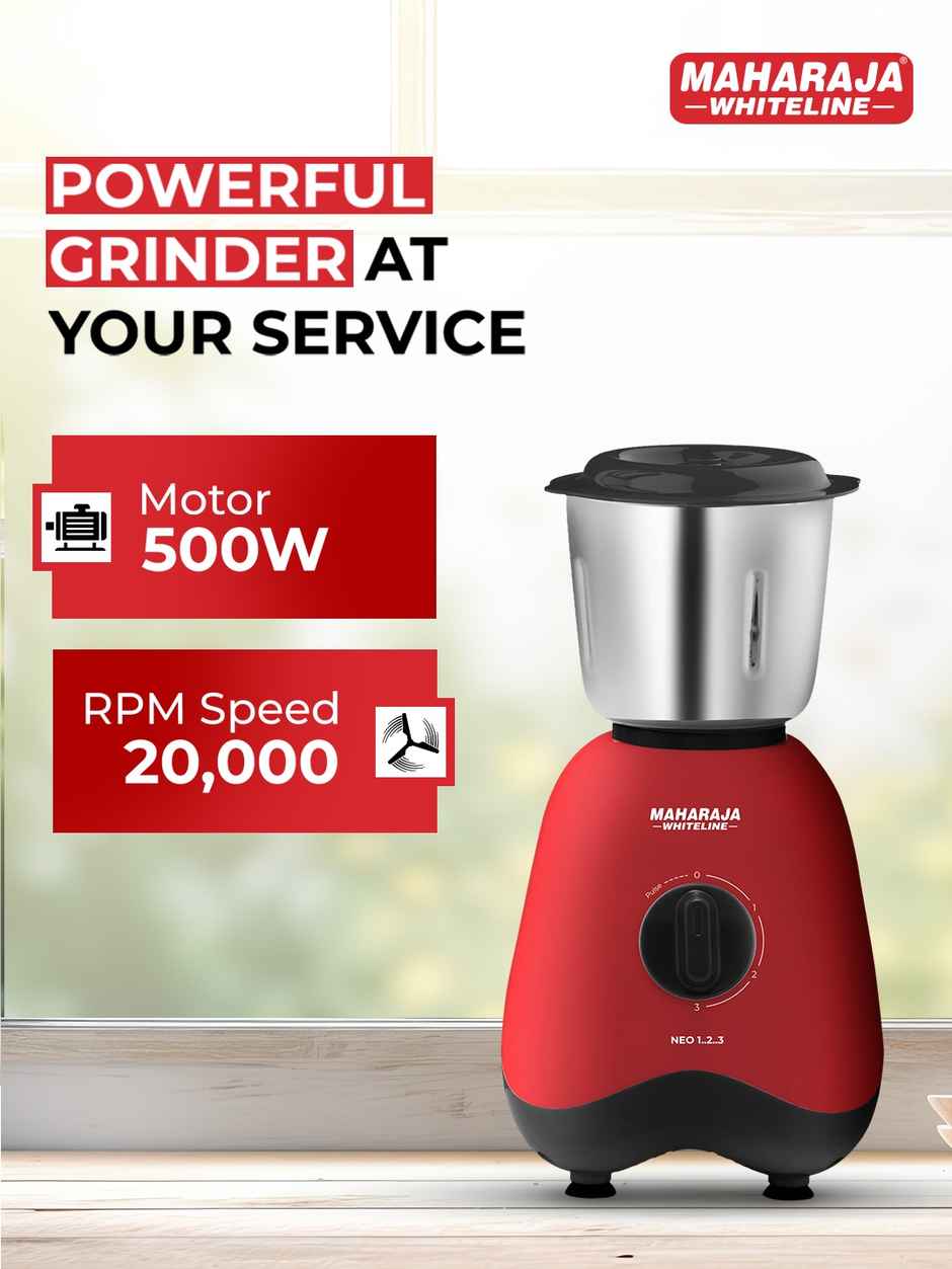 Maharaja Whiteline Neo 1..2..3 Mixer Grinder | 500 W | 2 Jars - Black & Red