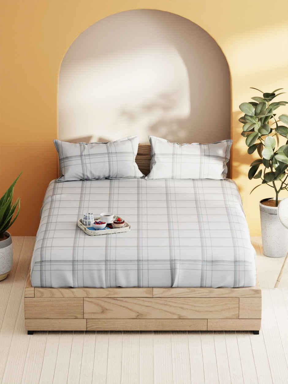 Bianca Soft 100% Natural Cotton Double Bedsheet With 2 Pillow Covers | Laquasa Checks | Stone